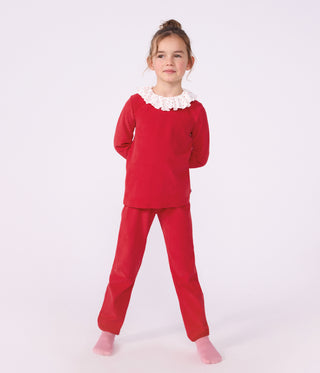 Children's Plain Ribbed Velour Pyjamas with a Ruff