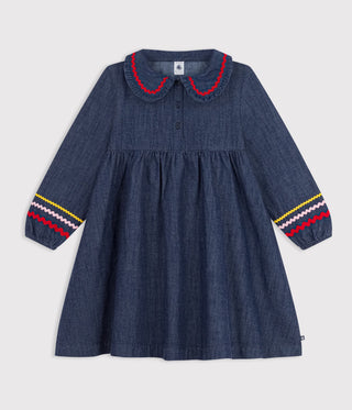 Girls' Plain, Long-Sleeved Denim Dress
