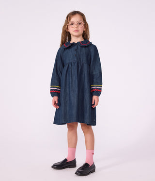 Girls' Plain, Long-Sleeved Denim Dress