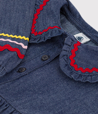 Girls' Plain, Long-Sleeved Denim Dress