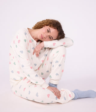 Women's Long-Sleeved Cotton Terry Printed with Hearts Pyjamas