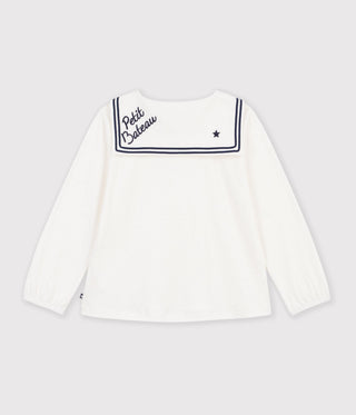 Girls' Long-Sleeved Plain Cotton Blouse with a Collar