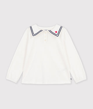 Girls' Long-Sleeved Plain Cotton Blouse with a Collar