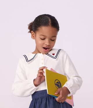 Girls' Long-Sleeved Plain Cotton Blouse with a Collar