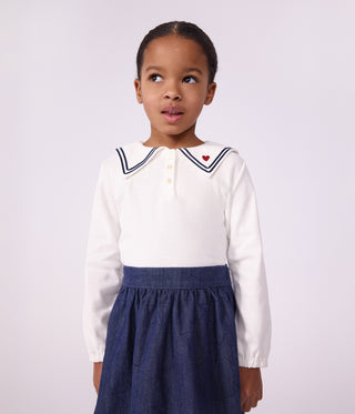 Girls' Long-Sleeved Plain Cotton Blouse with a Collar