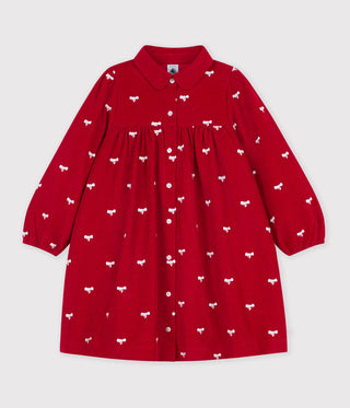 Girls' Corduroy Dress with Long Sleeves and Printed with Bows
