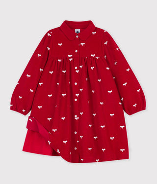 Girls' Corduroy Dress with Long Sleeves and Printed with Bows