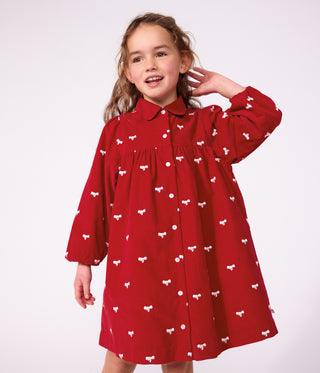Girls' Corduroy Dress with Long Sleeves and Printed with Bows