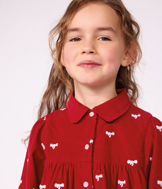 Girls' Corduroy Dress with Long Sleeves and Printed with Bows