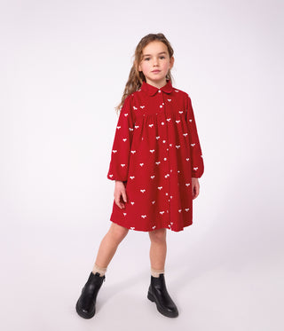Girls' Corduroy Dress with Long Sleeves and Printed with Bows