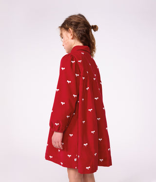 Girls' Corduroy Dress with Long Sleeves and Printed with Bows