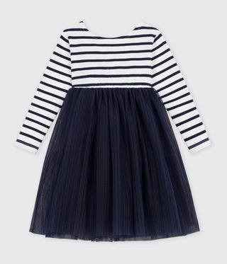 Girls' Long-Sleeved Stripy Cotton and Tulle Dress
