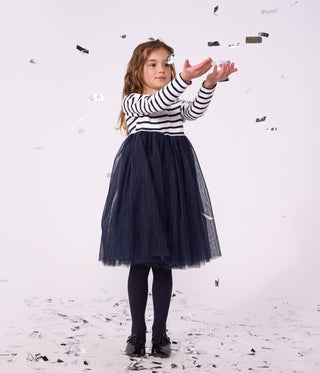 Girls' Long-Sleeved Stripy Cotton and Tulle Dress