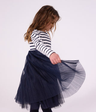 Girls' Long-Sleeved Stripy Cotton and Tulle Dress