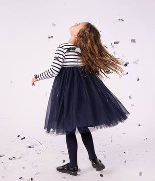 Girls' Long-Sleeved Stripy Cotton and Tulle Dress