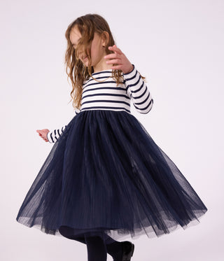Girls' Long-Sleeved Stripy Cotton and Tulle Dress