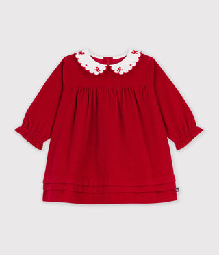 Babies' Long-Sleeved Corduroy Dress with an Embroidered Collar