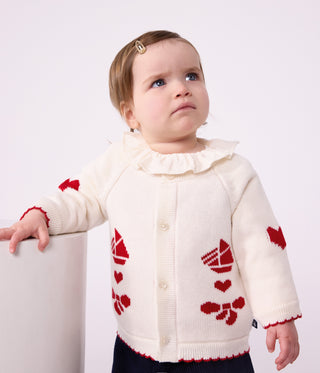 Babies' Jaquard-Patterned Cardigan Knitted in Wool and Cotton