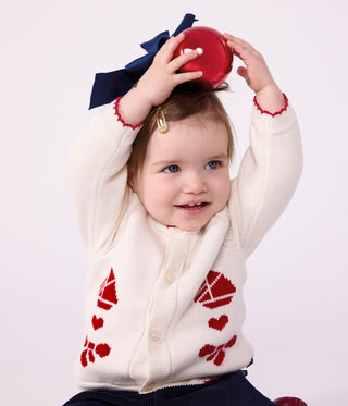 Babies' Jaquard-Patterned Cardigan Knitted in Wool and Cotton
