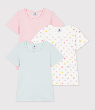 Girls' Short-Sleeved Cotton T-Shirts with Hearts - 3-Pack