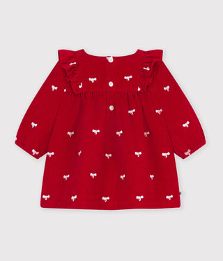 Babies' Dress in Velour with Long Sleeves and Bow Motif Embroidery