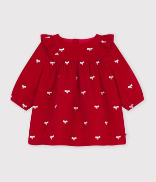 Babies' Dress in Velour with Long Sleeves and Bow Motif Embroidery