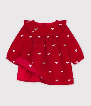 Babies' Dress in Velour with Long Sleeves and Bow Motif Embroidery