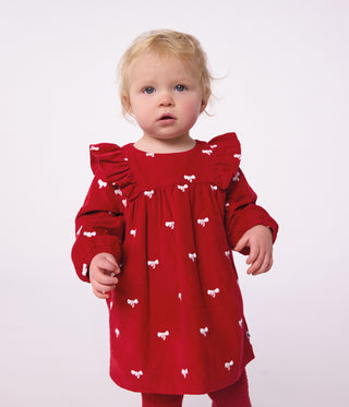 Babies' Dress in Velour with Long Sleeves and Bow Motif Embroidery