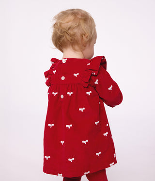 Babies' Dress in Velour with Long Sleeves and Bow Motif Embroidery