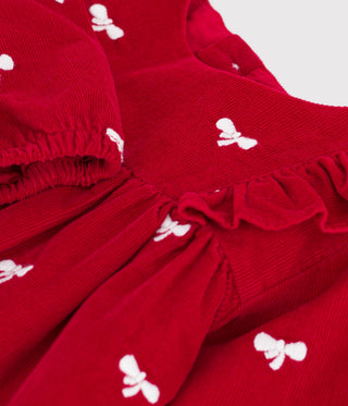Babies' Dress in Velour with Long Sleeves and Bow Motif Embroidery