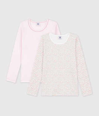 Girls' Long-Sleeved Cotton T-Shirts with Flowers - 2-Pack