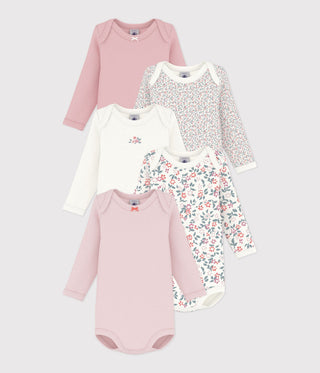 Babies' Long-Sleeved Bodysuits in Cotton Printed with Flowers - 5-Pack