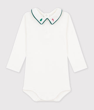Babies' Plain Cotton Bodysuit with an Embroidered Collar