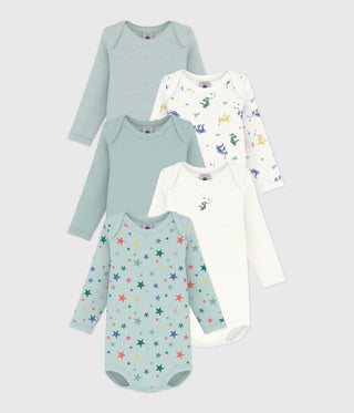 Babies' Long-Sleeved Dragon-Print Cotton Bodysuits- 5-Pack