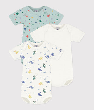 Babies' Short-Sleeved Dragon Print Cotton Bodysuits- 3-Pack