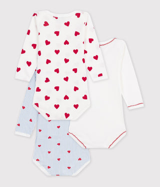 Babies' Long-Sleeved Heart-Print Cotton Bodysuits- 3-Pack