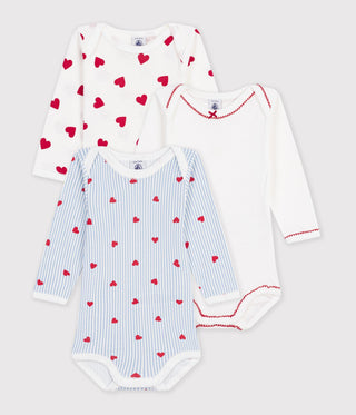 Babies' Long-Sleeved Heart-Print Cotton Bodysuits- 3-Pack