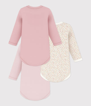 Babies' Long-Sleeved Bodysuits in Cotton Printed with Flowers- 3-Pack
