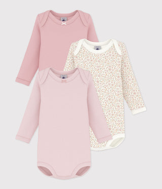 Babies' Long-Sleeved Bodysuits in Cotton Printed with Flowers- 3-Pack