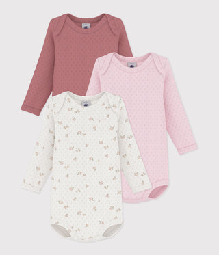 Babies' Long-Sleeved Bodysuits in Cotton Printed with Flowers - 3-Pack