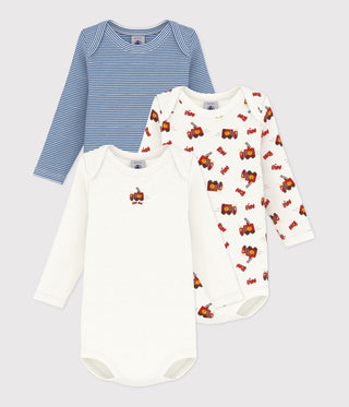 Babies' Long-Sleeved Cotton Bodysuits with a Firefighter Print - 3-Pack