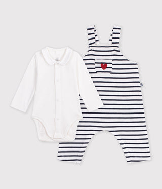 Babies' Stripy Cotton Dungarees and Collared Bodysuit Set