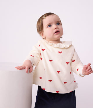 Babies' Blouse in Velour Embroidered with a Bow Motif