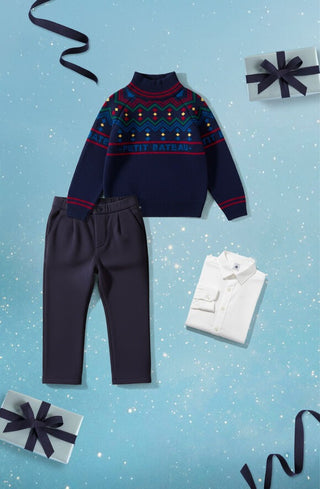Children's High-Necked Jumper in Patterned Wool and Cotton
