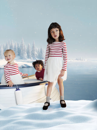 Girls' Long-Sleeved Stripy Dress in Cotton and Tulle