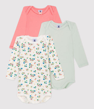 BABY GIRLS' FLORAL LONG-SLEEVED ORGANIC COTTON BODYSUITS - 3-PACK