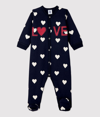 Babies' Brushed Heart Print Navy Fleece Sleepsuit