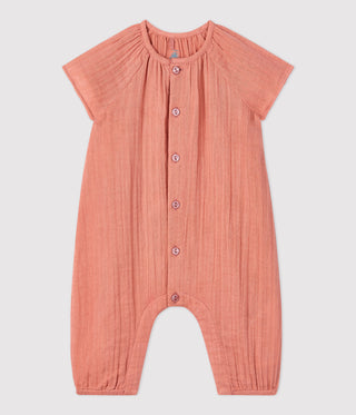 BABIES PLAIN ORGANIC COTTON GAUZE LONG PLAYSUIT