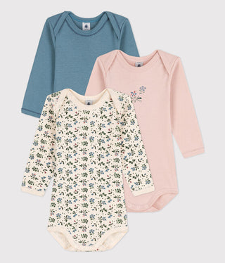 BABIES' FLORAL LONG-SLEEVED COTTON BODYSUITS - 3-PACK