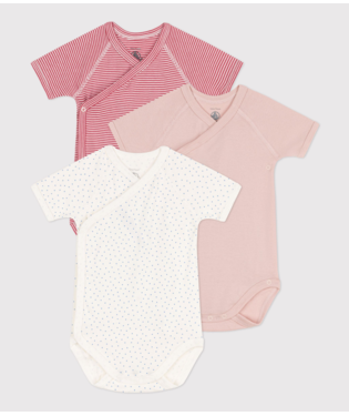 Wrapover Short-Sleeved Patterned Cotton Bodysuits - 3-Pack